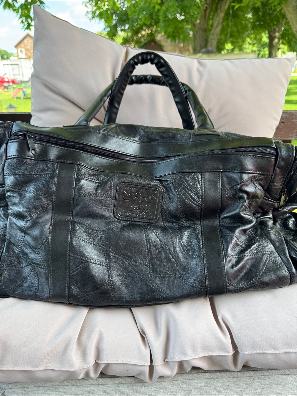 Men's Black Leather Patch Duffel Bag